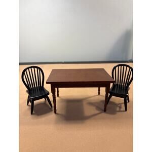 Miniature Dollhouse Colonial 2 Black Spindle Chairs Wood Kitchen Table 1:12
